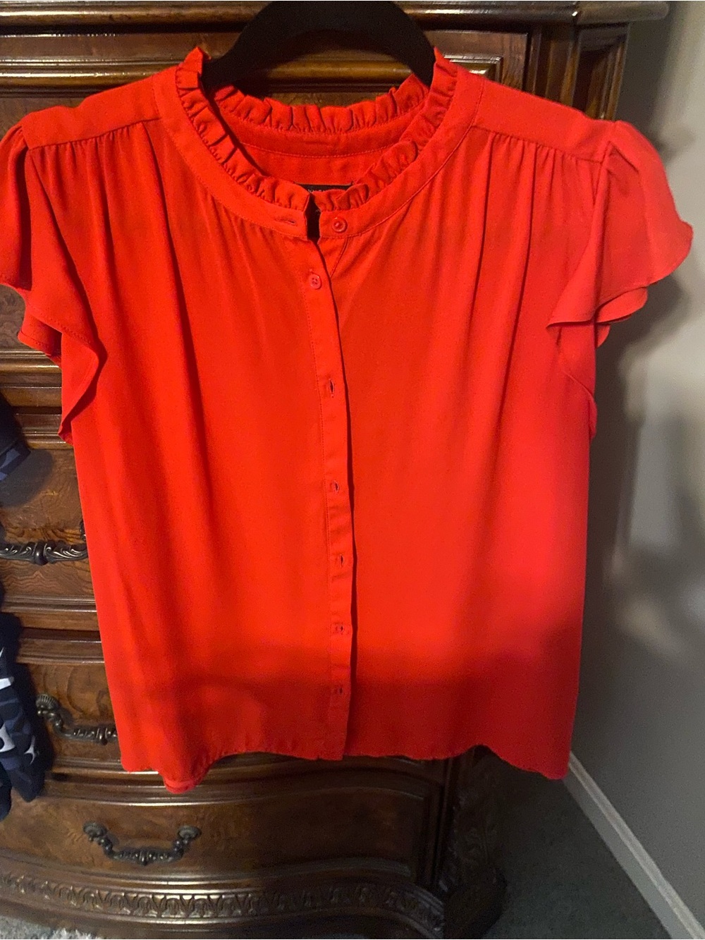Ann Taylor Red Ruffle Neck Button Down Blouse